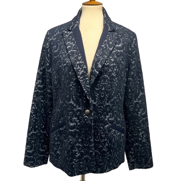CAbi Blue Flocked Jacquard Single Button Blazer Jacket Women’s 12 - Picture 3 of 12